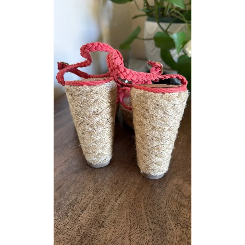 Steve Madden Manngo Wedge Sandal Womens 8 Coral Red Macrame Espadrille Boho Heel